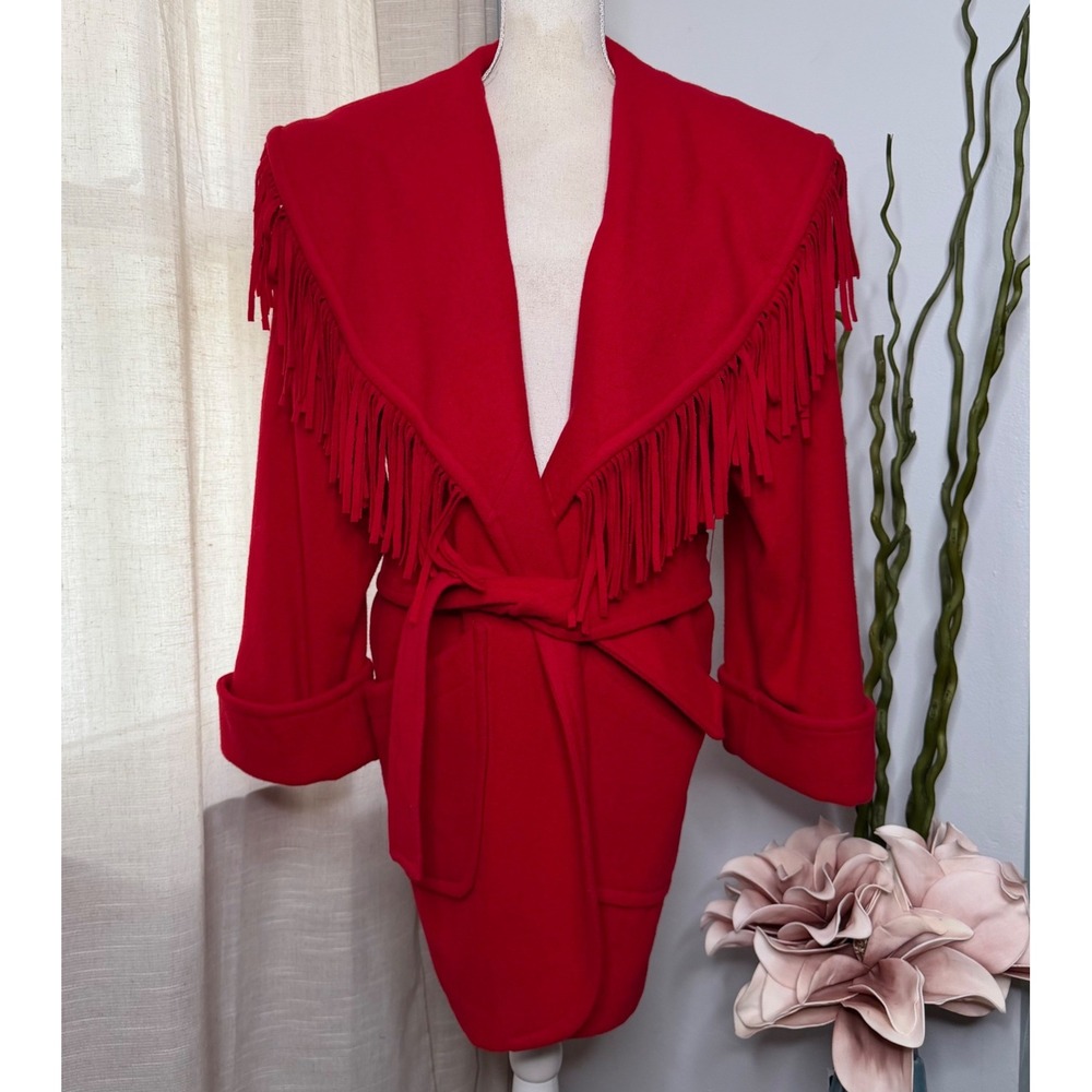 Vintage Spiegel Fringe Western Wool Wrap Coat Shawl Belted Red USA Made Womens 8